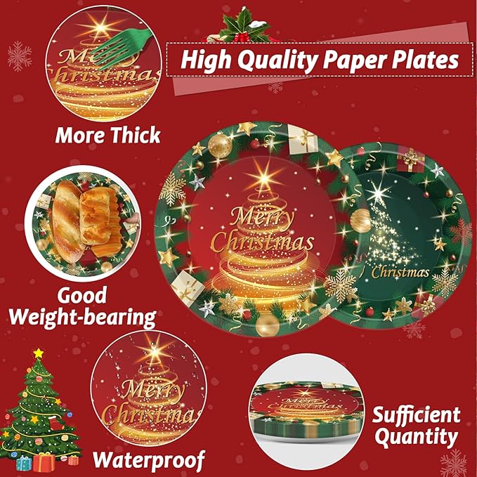 96PCS Christmas Party Supplies Paper Plates & Napkins in Red & Green
