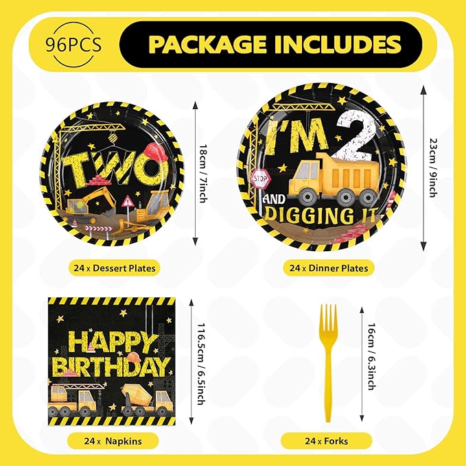 96Pcs Construction 2nd Birthday Party Supplies Construction Truck