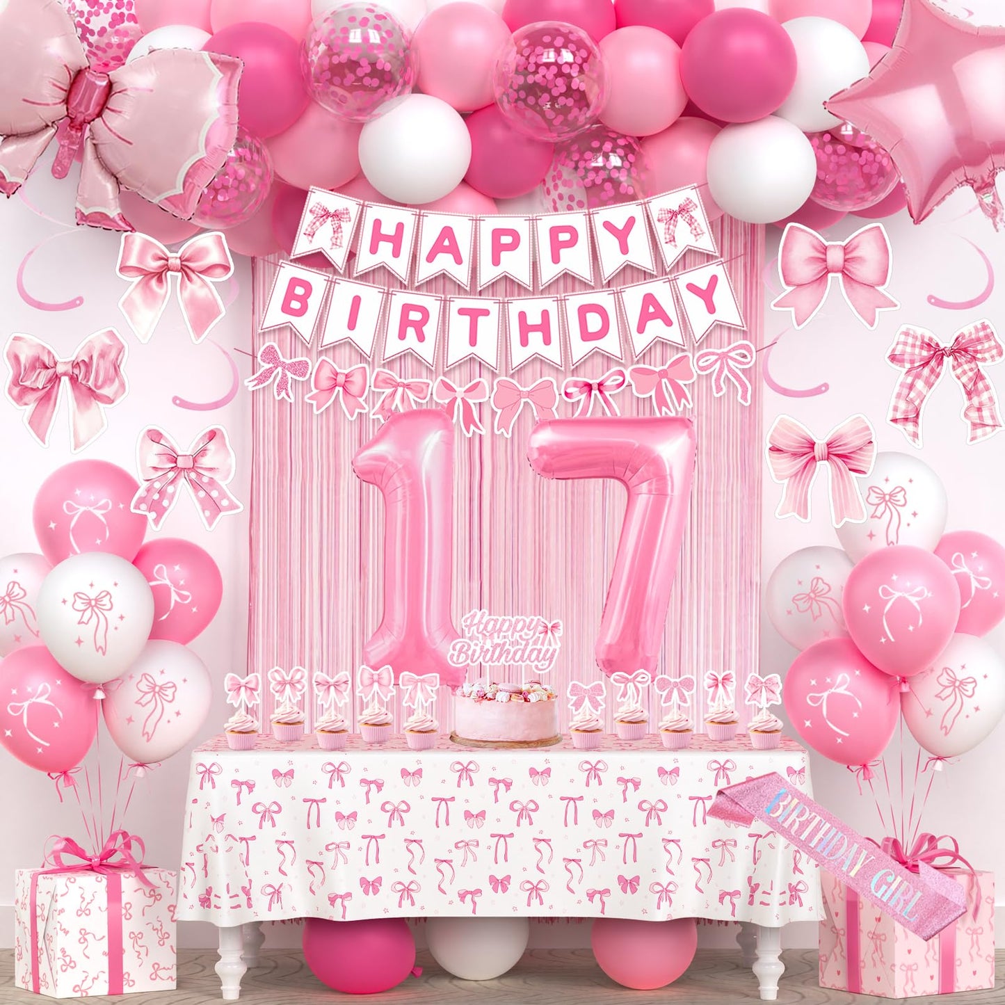 17th Pink Birthday Decorations for Girls, Pink Bow Coquette Birthday