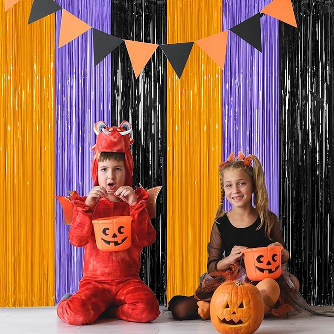 2 Pack Halloween Backdrop, 3.28 FT x 7.05 FT Foil Fringe Curtains,