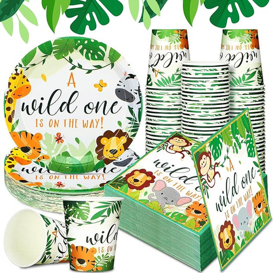 200 Pcs Jungle Safari Baby Shower Paper Plates Napkins Cups Baby