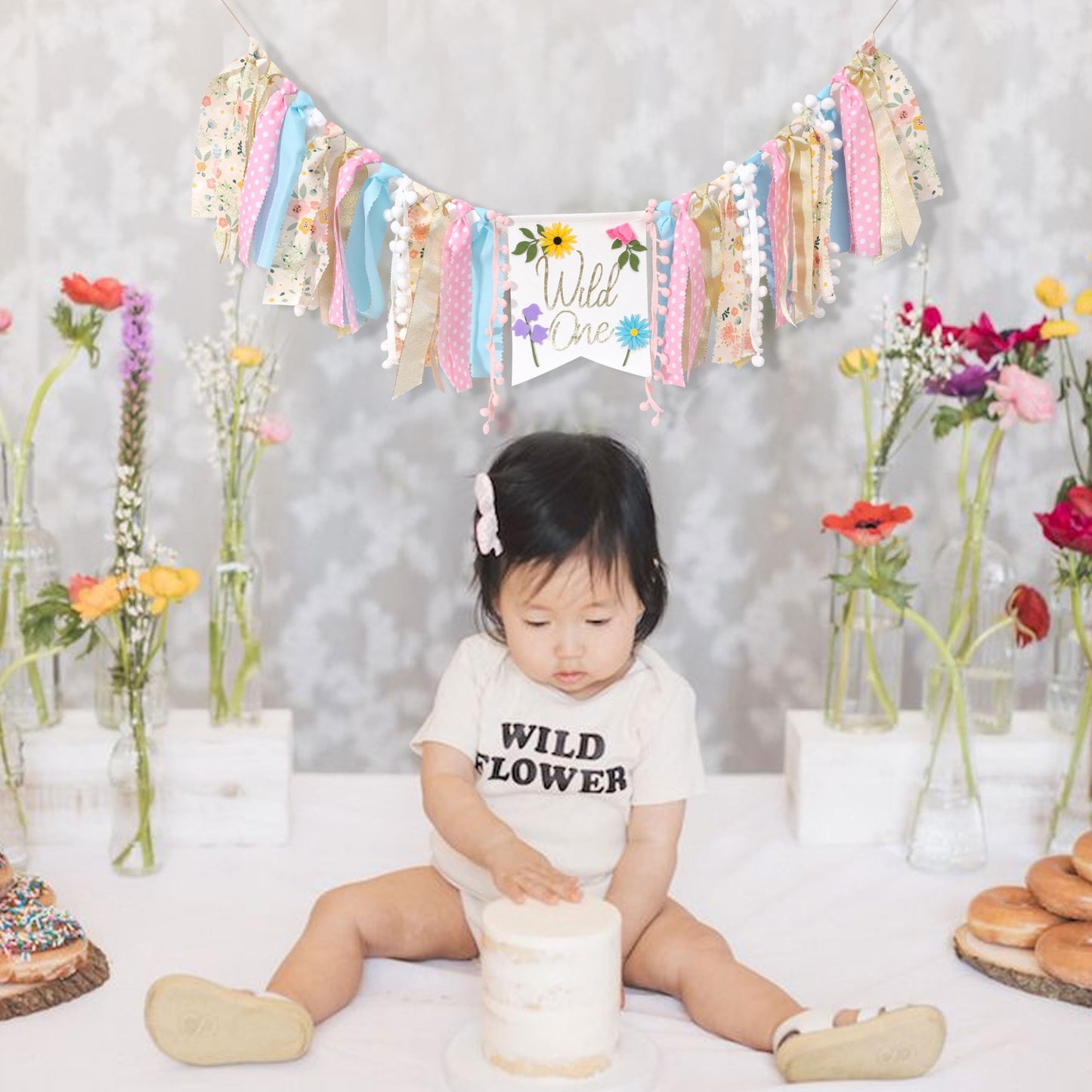 Wild flower High Chair Banner - Girls WildOne 1st Birthday Decoration
