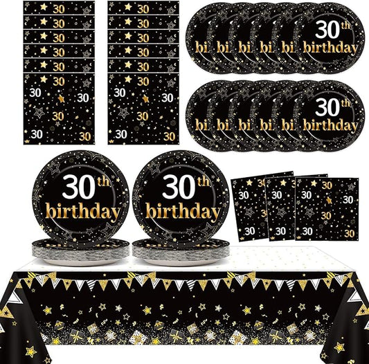 30th Birthday Party Supplies Serves 24 Black and Gold 30 Years Old