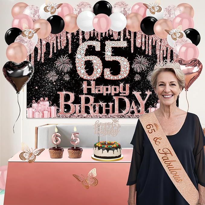 65th Birthday Decorations for Women 49pcs Black Rose Gold Black