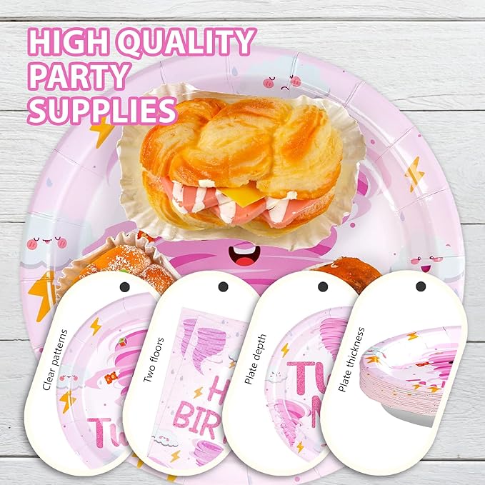 96Pcs Two Nado Party Supplies Pink Tornado 2nd Birthday Plates and