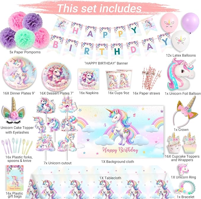 191 Pc Unicorn Birthday Decorations for Girls Complete Unicorn Party
