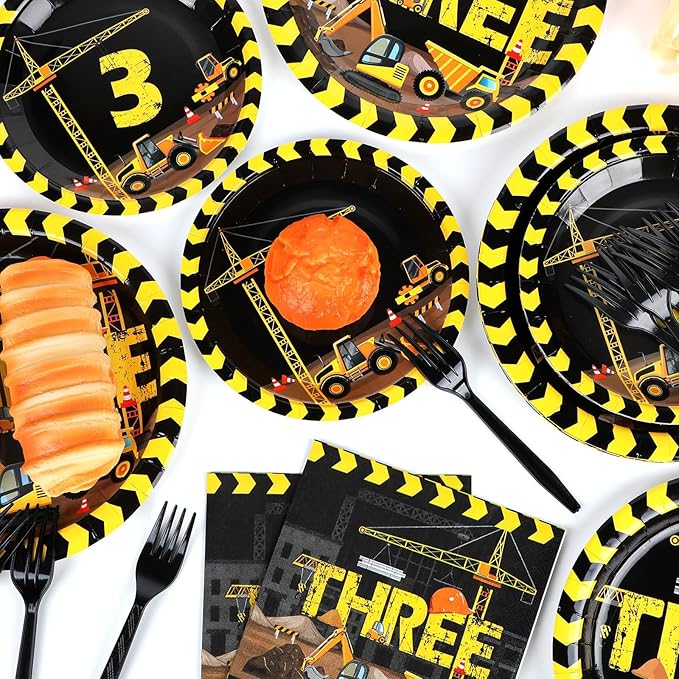 100 Pcs Construction Plates and Napkins Set 3rd Birthday Party