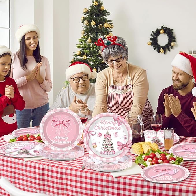 96Pcs Pink Christmas Tree Party Decorations Pink Bow Plates and