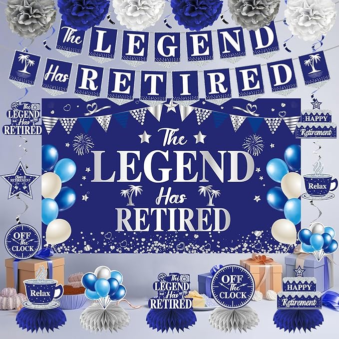 Retirement Party Decorations Blue Silver 20PCS Kit Banner Backdrop