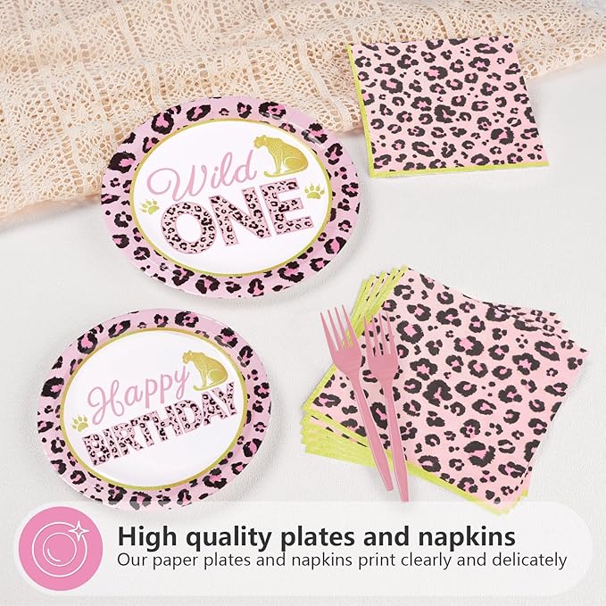 96Pcs Pink Leopard 1st Birthday Party Decorations Wild One Birthday
