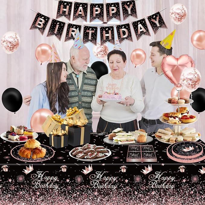 123 Pack Black and Rose Gold Party Supplies Pink Birthday Party