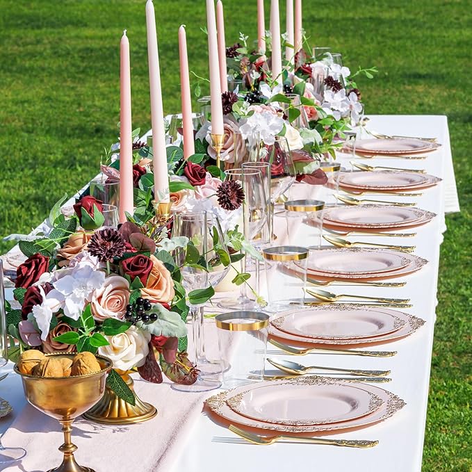Nervure 175PCS Pink Plastic Plates - Disposable Pink Gold Party