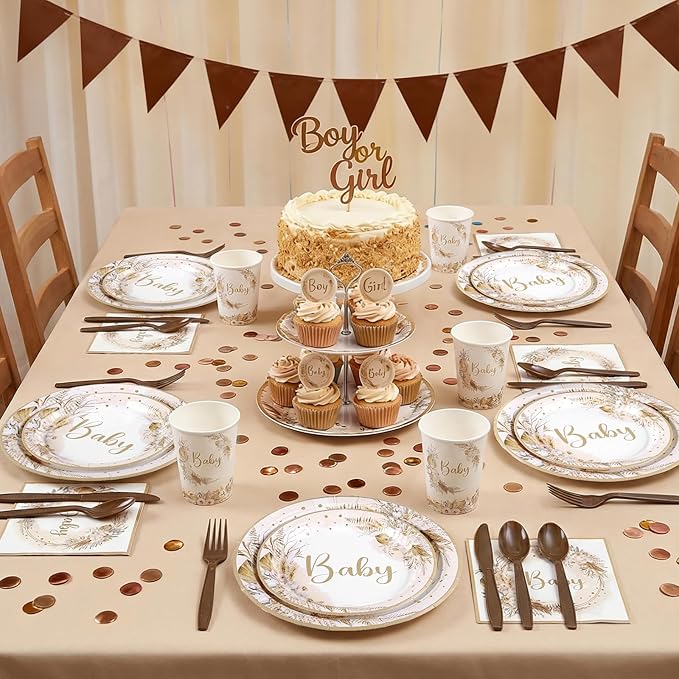 175 Pcs Boho Baby Shower Decorations, 25 Guest Baby Shower Plates and