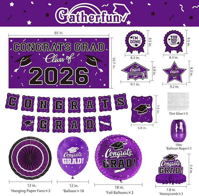 Purple Themed 2026 Graduation Decorations Set - Congrats Grad Banner,