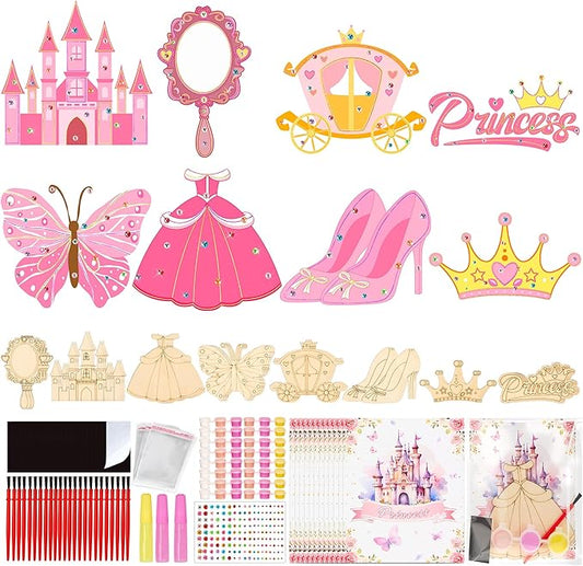 24 Sets Princess Party Favors DIY Wooden Painting Crafts Kit with