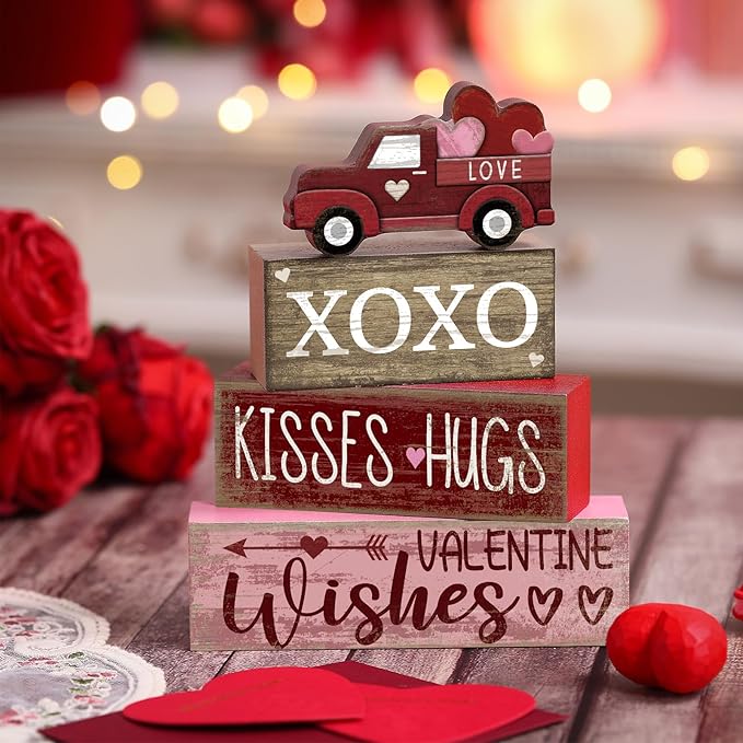 4 Pcs Valentine's Day Table Decoration Wooden Heart Truck Decor
