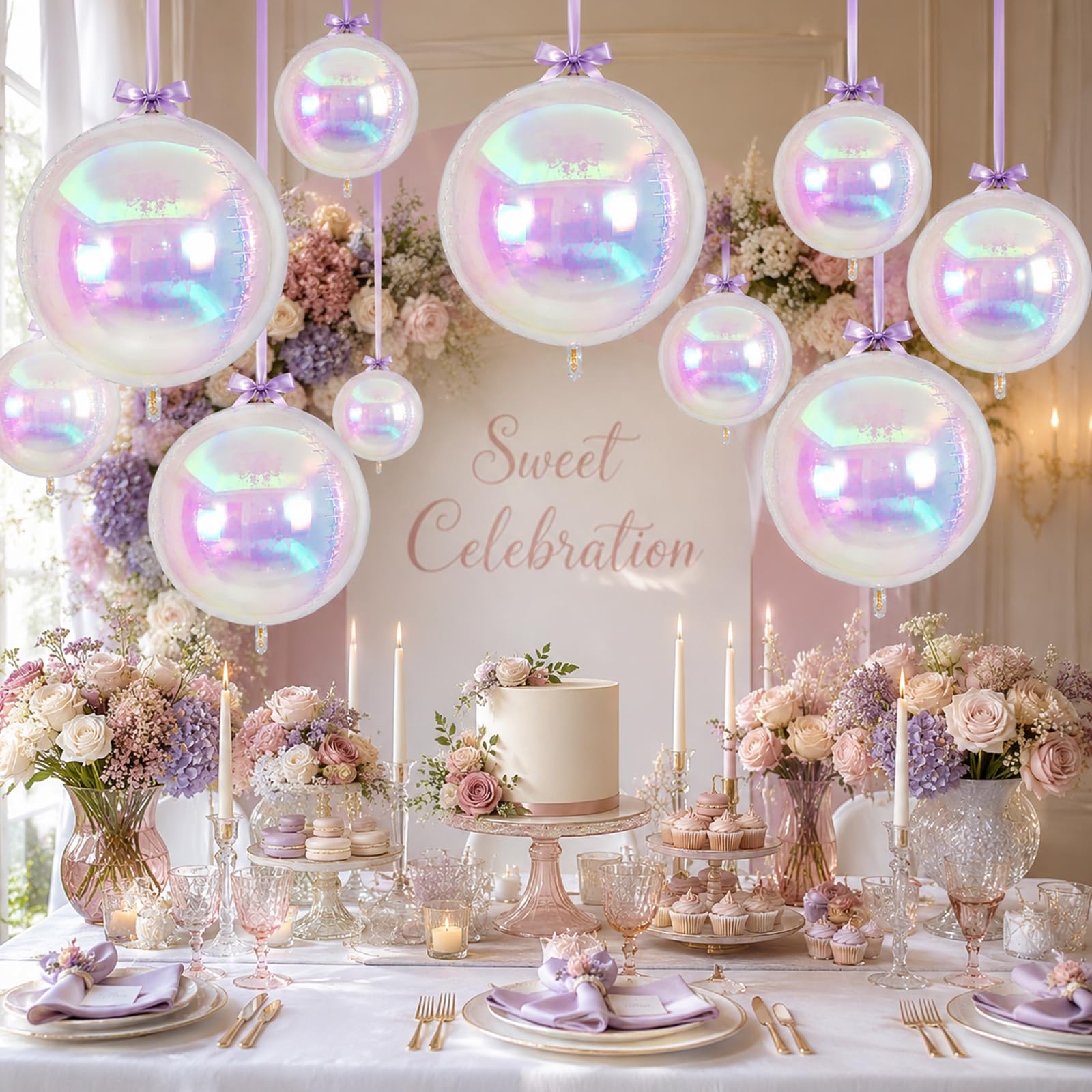 12 Pcs Iridescent 4D Round Foil Balloons, 22'' 15'' 10'' Holographic