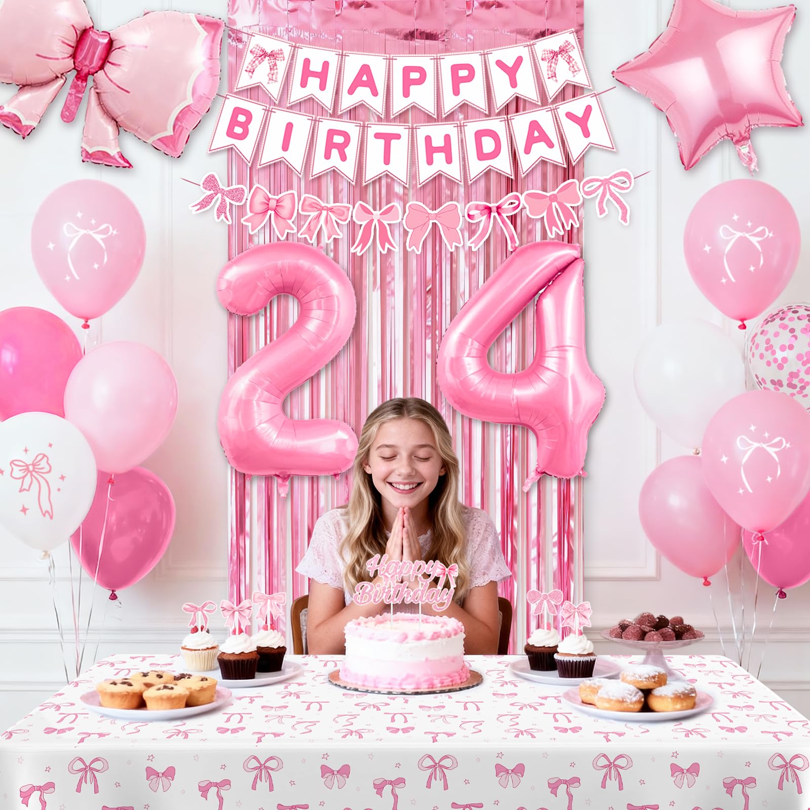 24th Pink Birthday Decorations for Women, Pink Bow Coquette Birthday