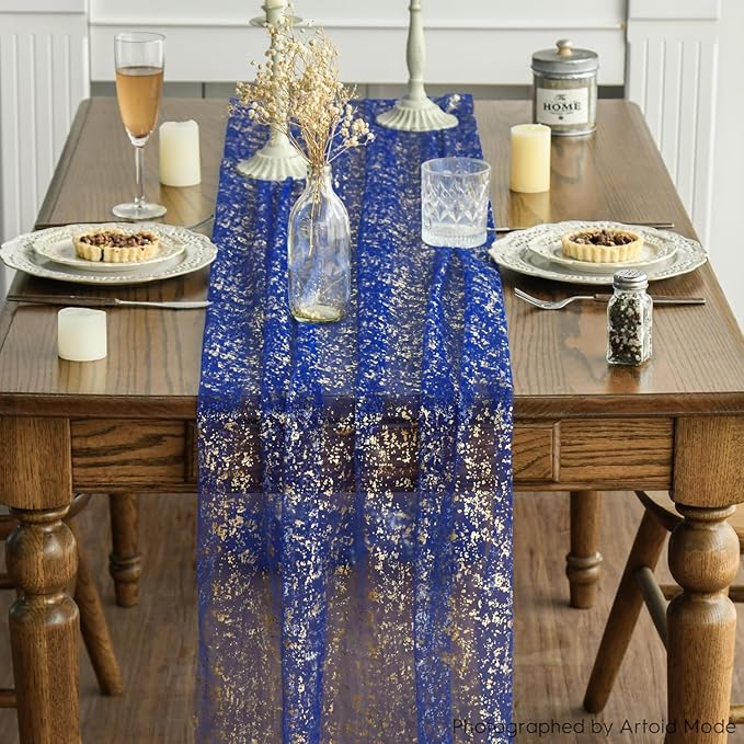 Artoid Mode 3PCS Blue Gold Gauze Table Runner 120 Inch 10FT, Glitter