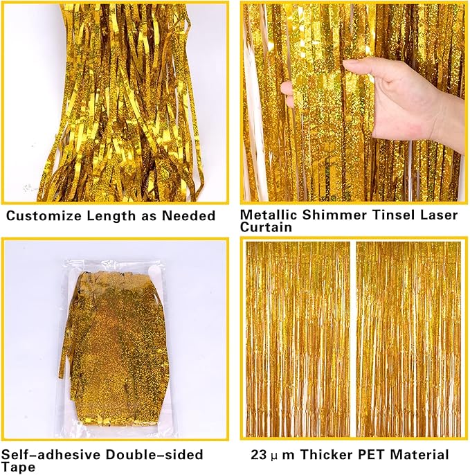 2 Pack 3.2ft x 8.2ft Gold Metallic Foil Curtains, Big Laser Glitter