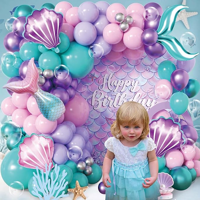 106pcs Mermaid Balloon Garland Arch Kit with Giant Foil Tail & 3