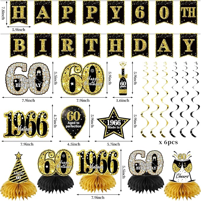 60th Birthday Decorations for Men Women 21pcs the Year 1966 Banner