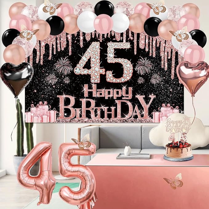 45th Birthday Decorations for Women 49pcs Black Rose Gold Black