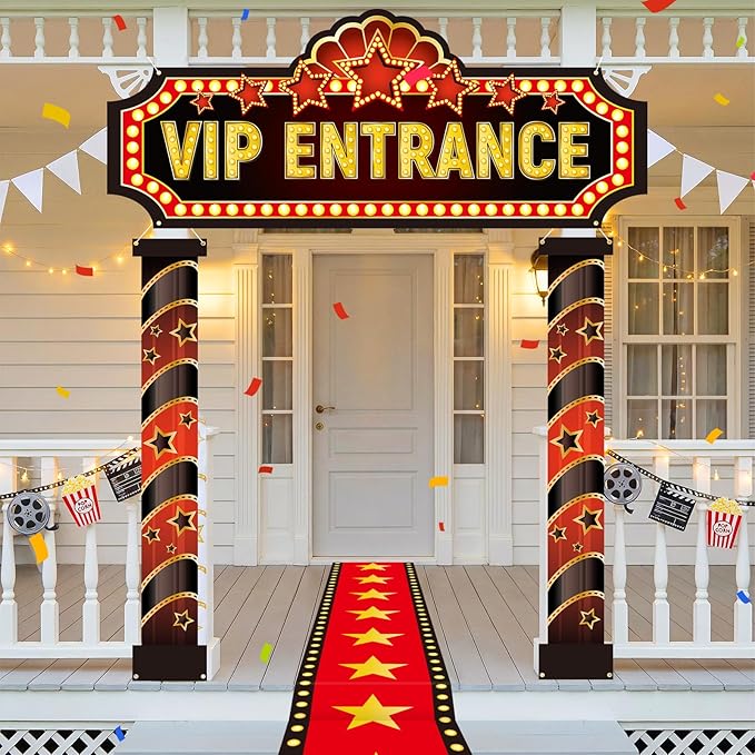 Movie Night Porch Sign Banner 4 Pcs Decorations Set with Red Carpet