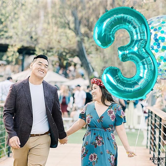 KatchOn, Teal Number 3 Balloon - Large, 40 Inch | Teal Blue 3 Balloon