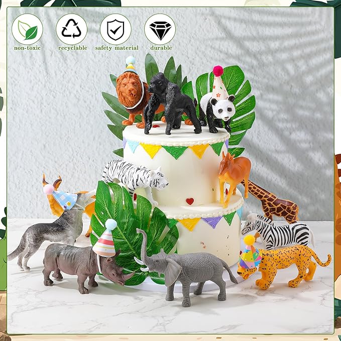 37 Pcs Jungle Animal Birthday Cake Toppers Mini Birthday Hat Animal