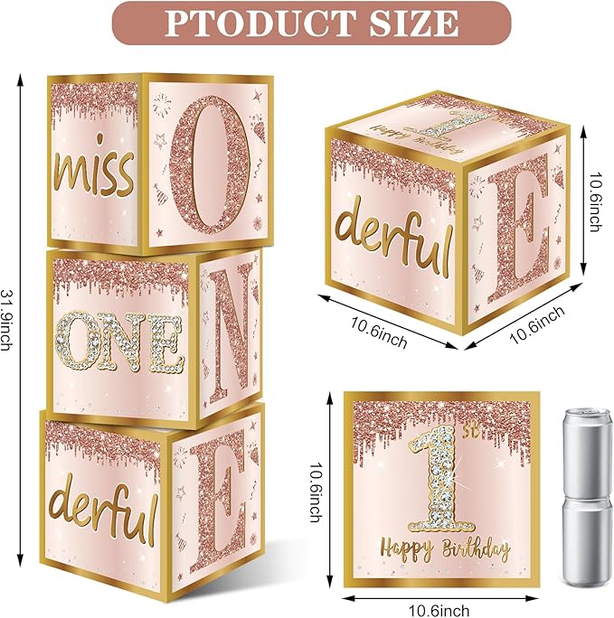 3Pcs 1st Birthday Boxes Decorations for Girls Pink Rose Gold Miss