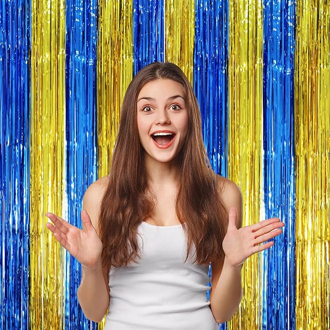 Voircoloria 3 Pack 3.3 x 8.2 ft Blue Gold Foil Fringe Backdrop