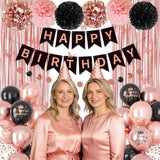 Rose Gold and Black Birthday Decorations for Women Girls, Pearl Rose