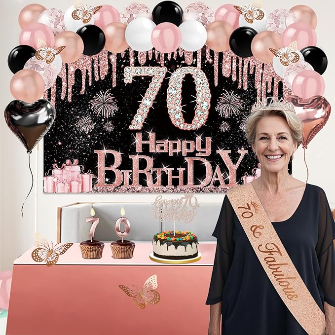 70th Birthday Decorations for Women 49pcs Black Rose Gold Black