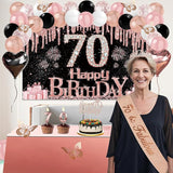 70th Birthday Decorations for Women 49pcs Black Rose Gold Black