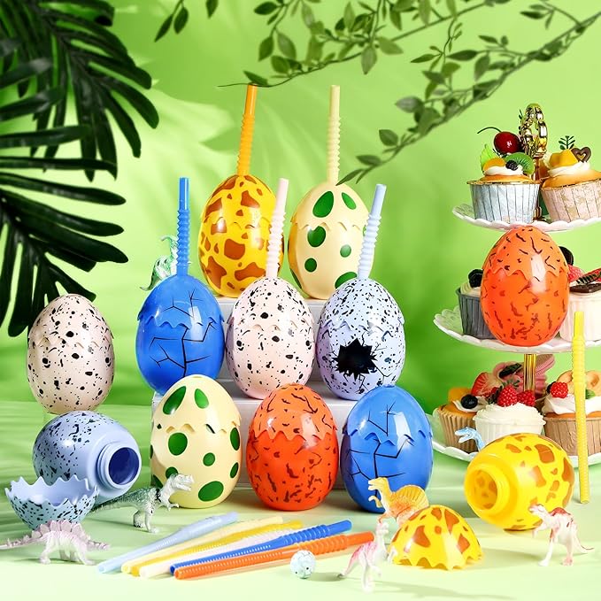 12 Pcs Kids Dinosaur Party Favor Cups with Lids and Straws 10 oz Egg