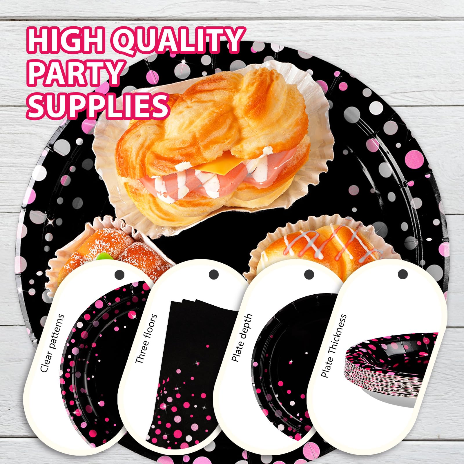 96Pcs Hot Pink and Black Party Supplies Black and Pink Prom Graduation
