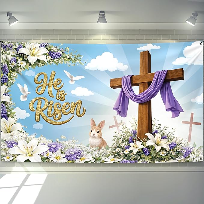 Large Happy Easter Banner 72x44 Inch He is Risen Backdrop for Easter