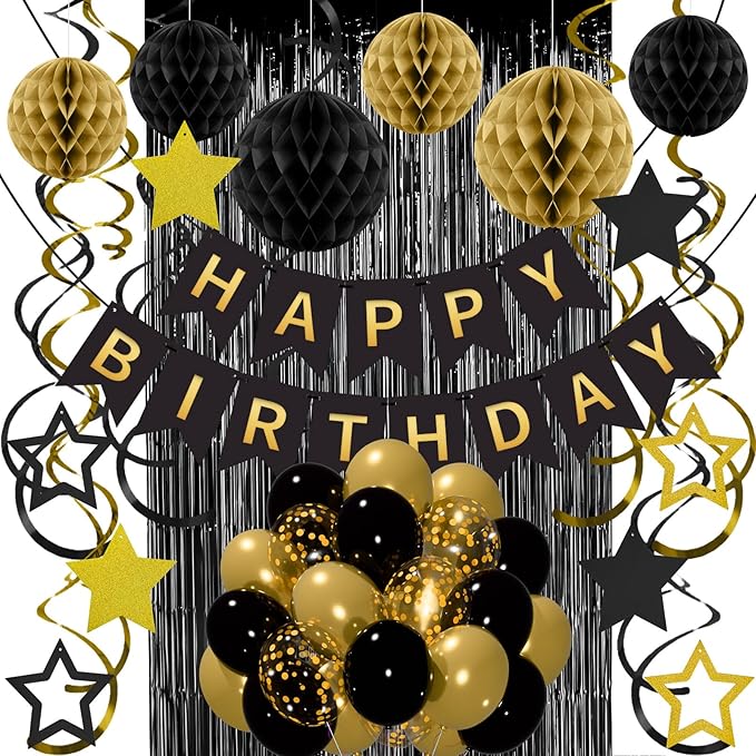 Black Gold Birthday Decorations for Men Women, Recosis Balloons in