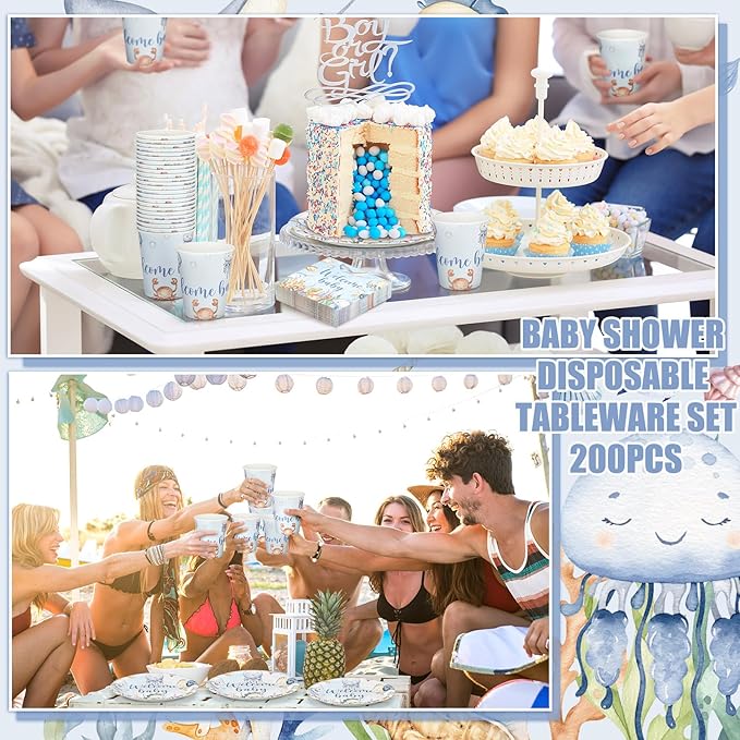 200 Pcs Under the Sea Baby Shower Paper Plates Napkins Cups Baby