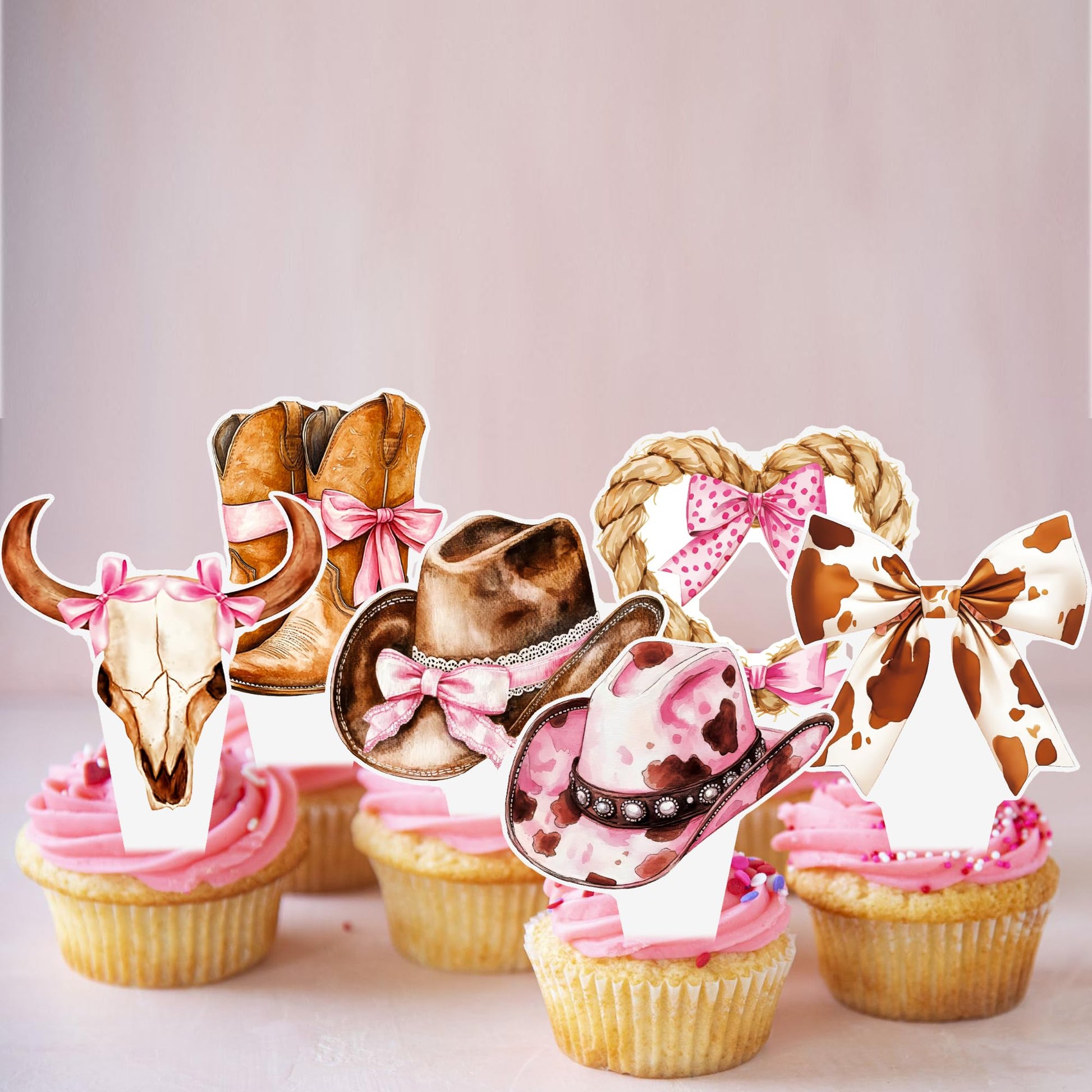 Western Cowgirl Bow Cupcake Toppers 48Pcs Brown Pink Cowgirls Birthday
