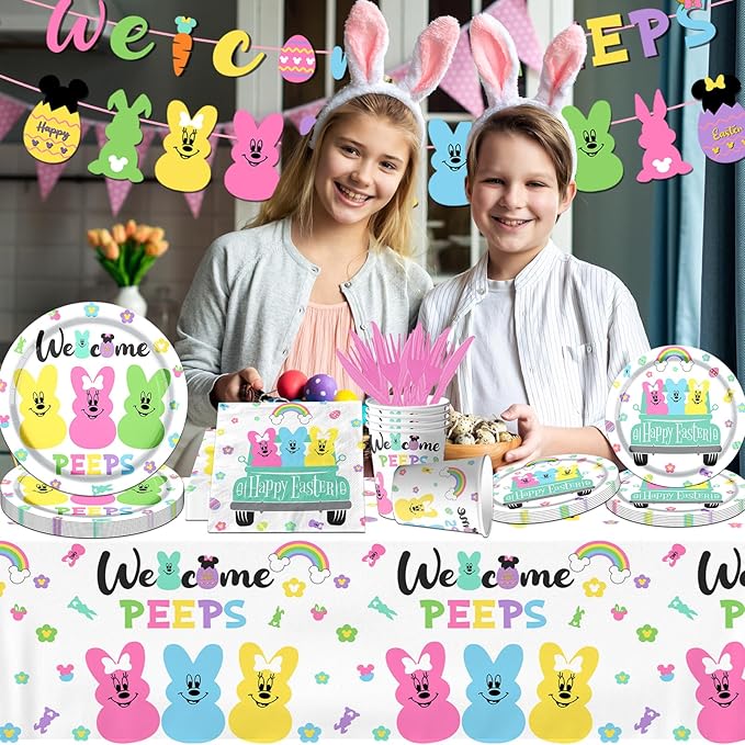 Welcome Bunny Tableware 142pcs Mouse Happy Easter Party Decoration