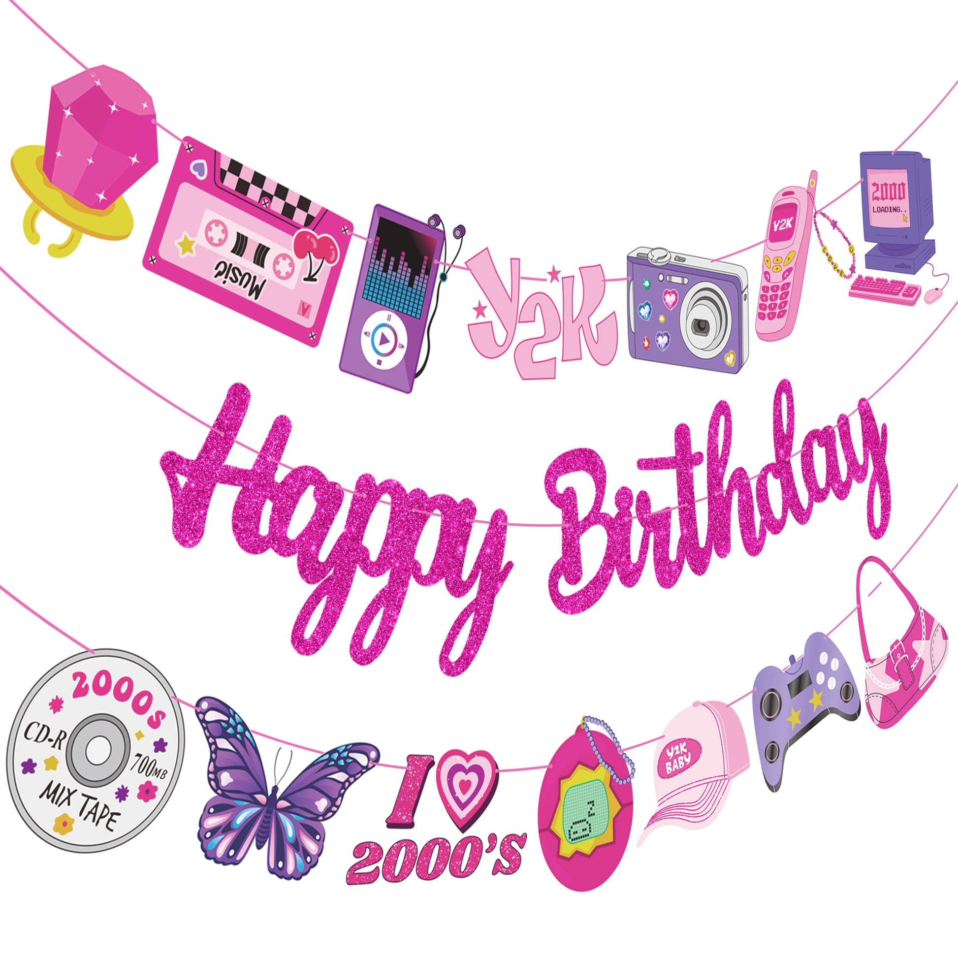 3pcs Y2K Birthday Party Banners 2000s Pink Birthday Party Decorations