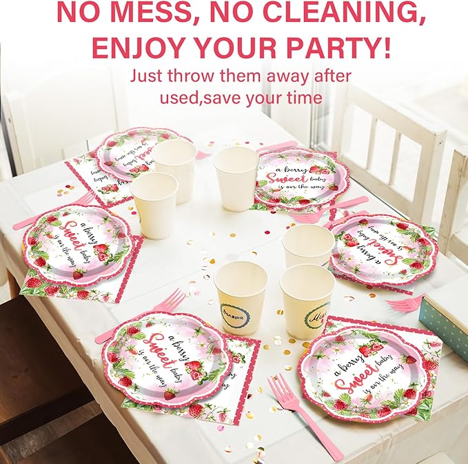 100 Pcs Strawberry Baby Shower Party Plates Napkins Forks Supplies