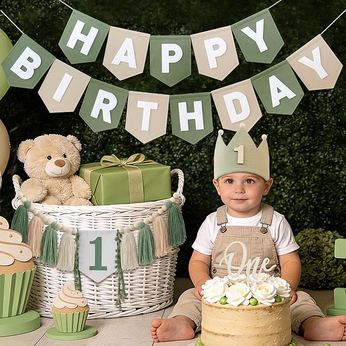 Wild One High Chair Banner Felt Green Happy Birthday Banner Pre