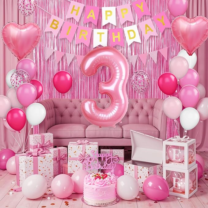 3rd Birthday Decorations for Girls Hot Pink Balloons Happy Birthday