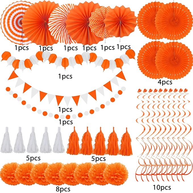 ZERODECO Party Decorations, 41 Pcs Orange Papar Fans Pompoms Garlands