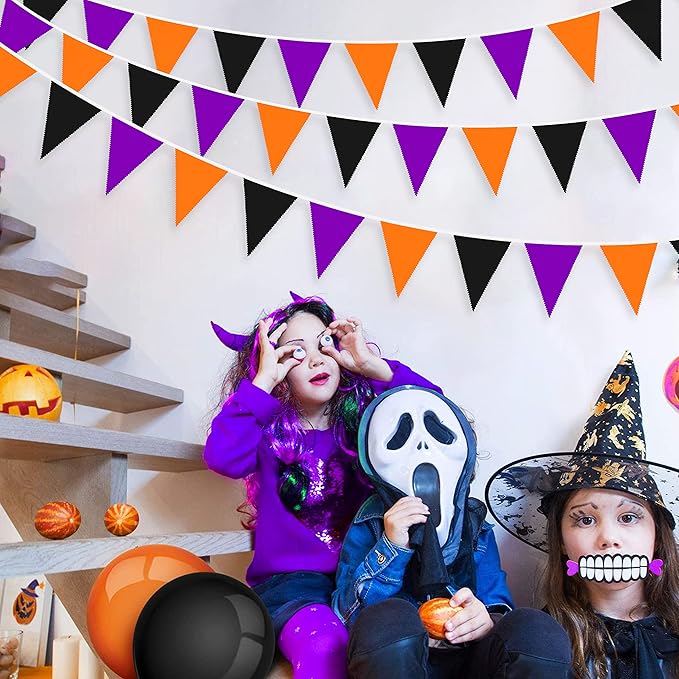 32Ft Orange Black Purple Halloween Pennant Banner Fabric Triangle