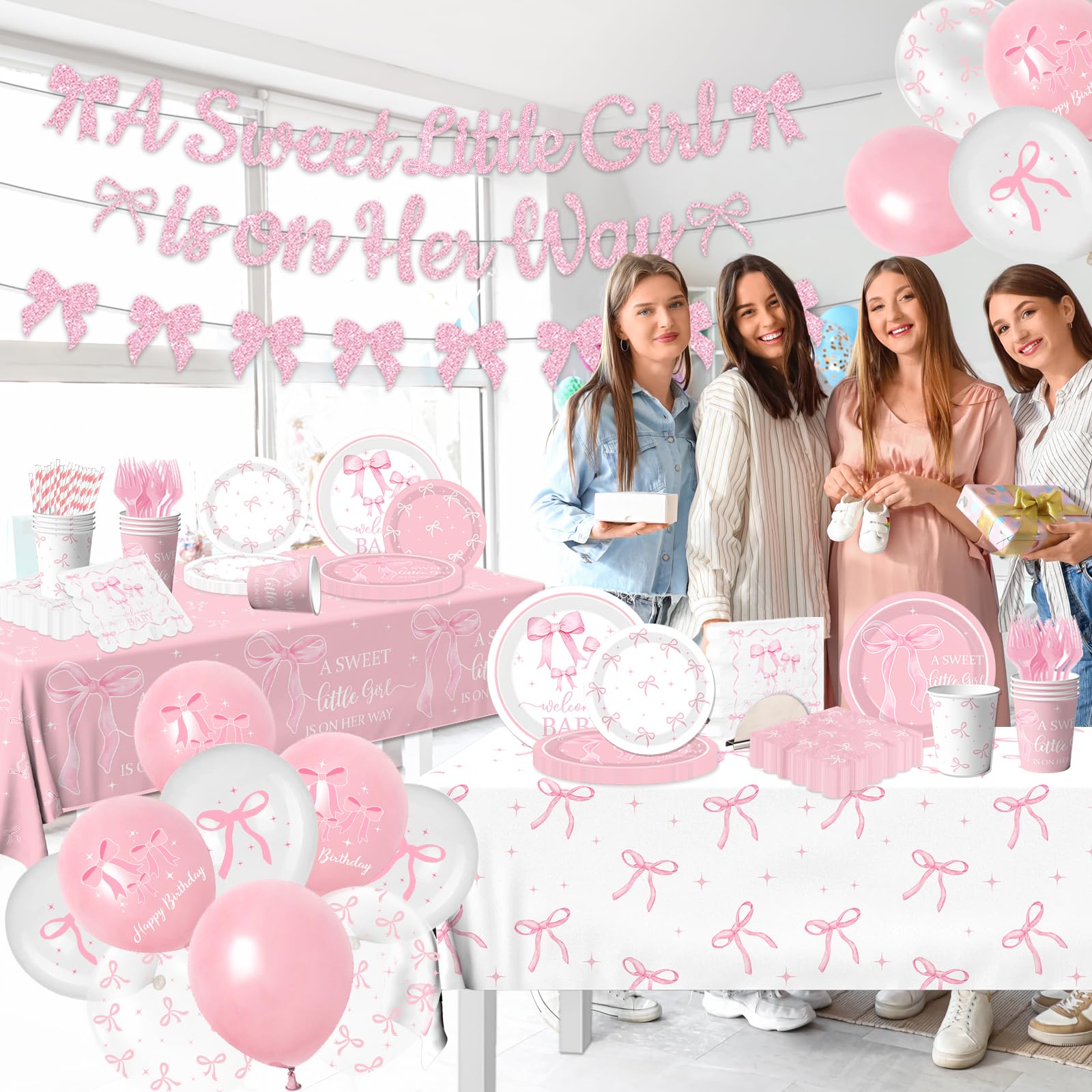 Pink Bow Baby Shower Decorations for Girl - Bow Party Tableware