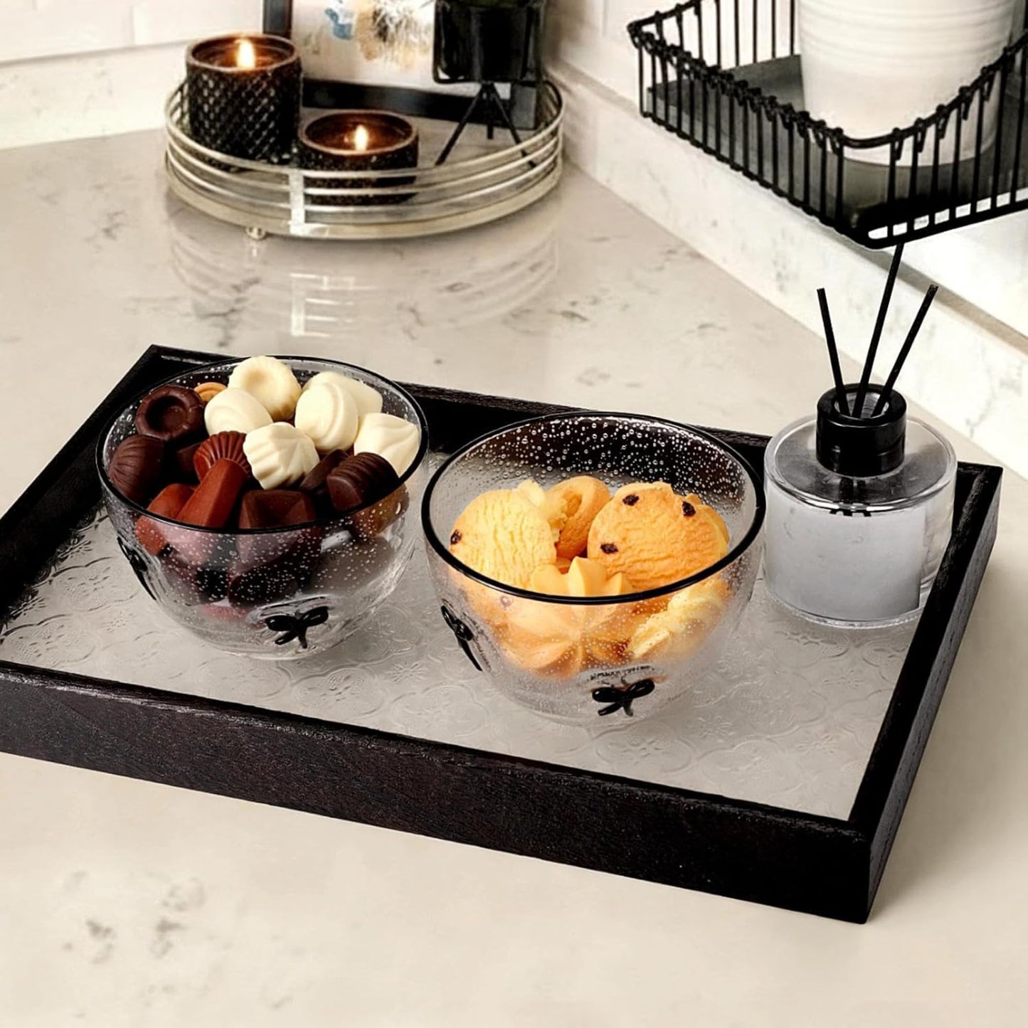 Potchen 2 Pcs Black Bow Candy Bowl Dish, 14oz Glass Dessert Bowls with